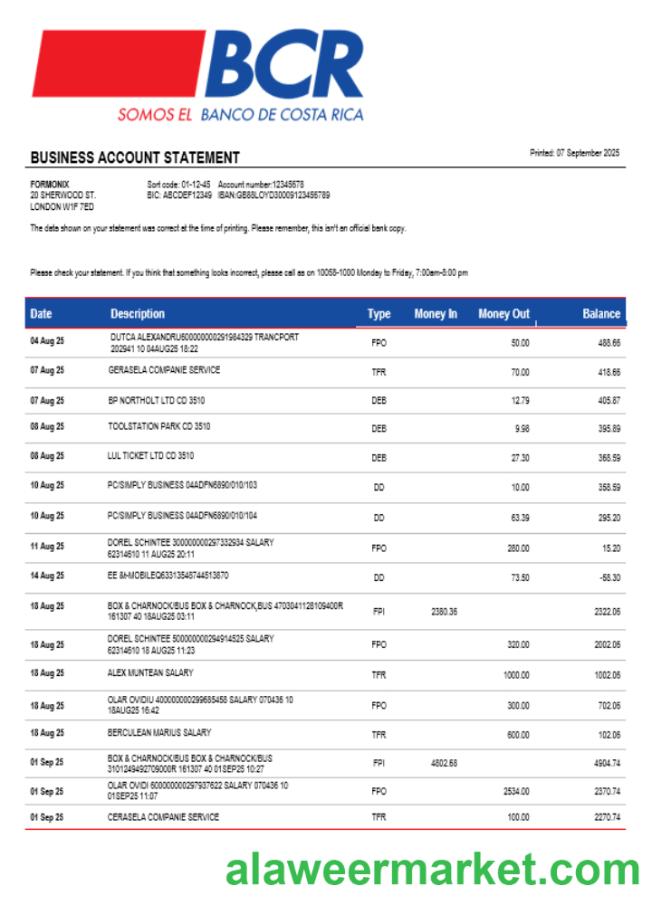 Costa Rican The Bank of Costa Rican bank organization checking account statement Word and PDF format